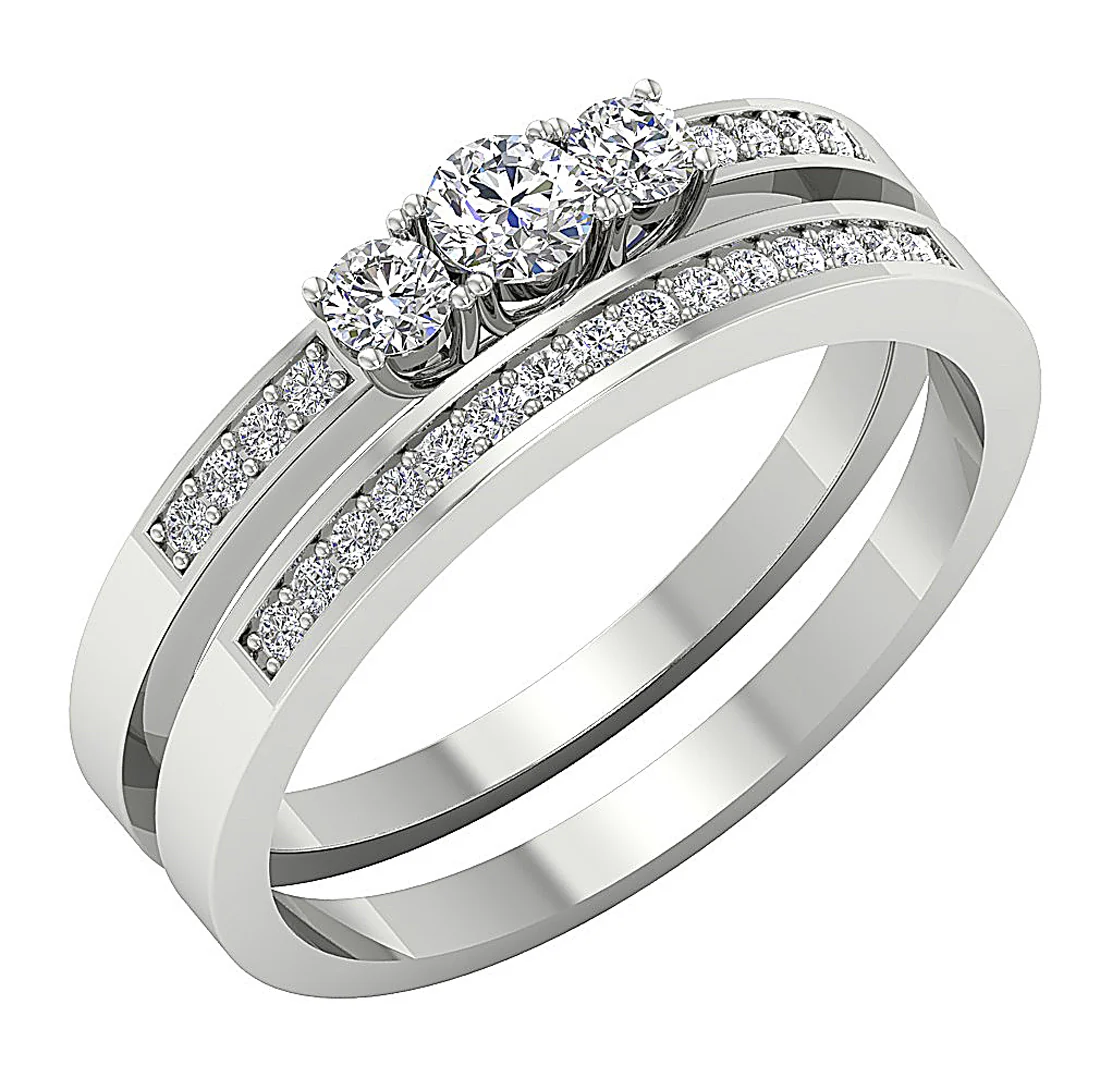 0.65 Ct Round Lab Grown Diamond 3 Stone Bridal Ring - F VS - Solid Gold