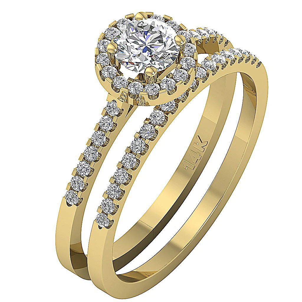 1.00Carat Beautiful Halo Bridal Engagement Ring Set Round Cut Diamond 14K Solid Gold