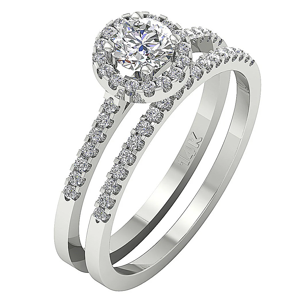 1.00Carat Beautiful Halo Bridal Engagement Ring Set Round Cut Diamond 14K Solid Gold - Image 2