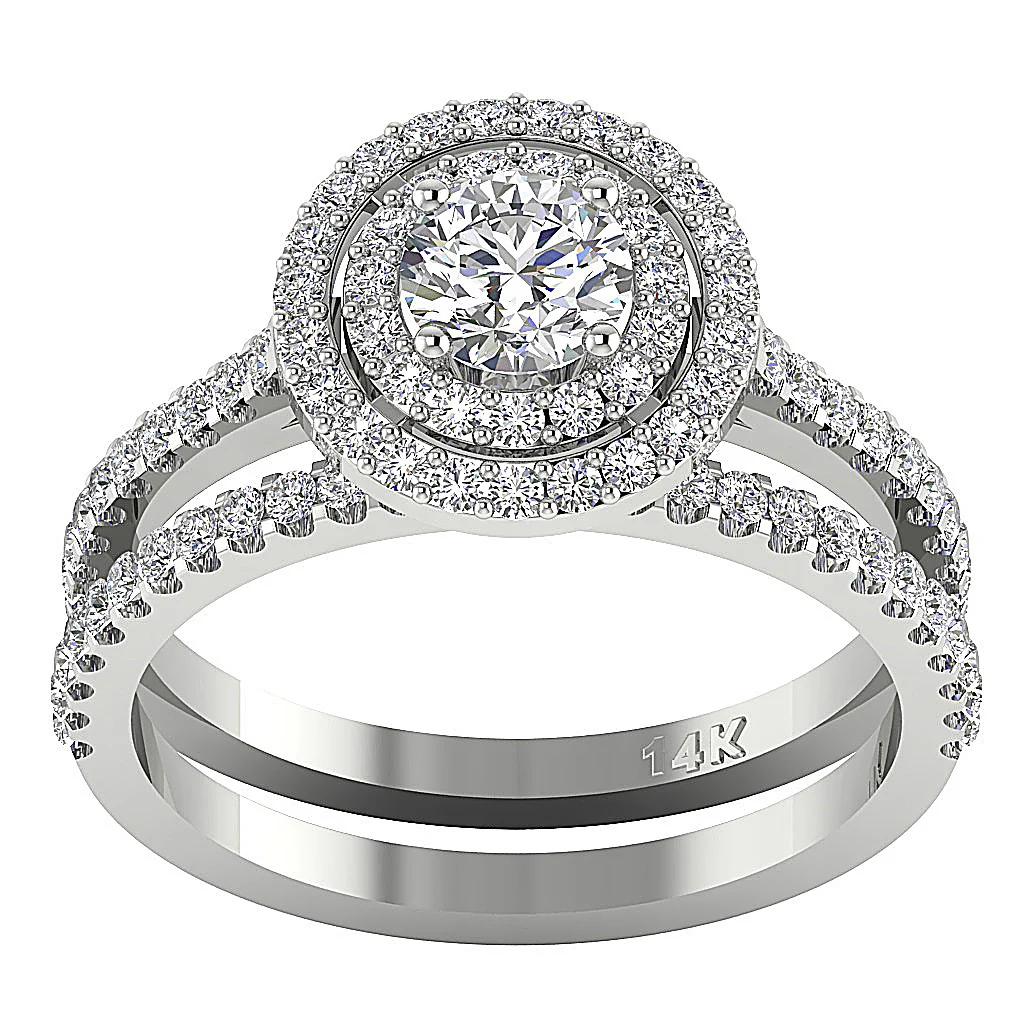 1.50Ct Double Halo Bridal Engagement Solitaire Round Cut Diamond Ring Set 14K Solid Gold