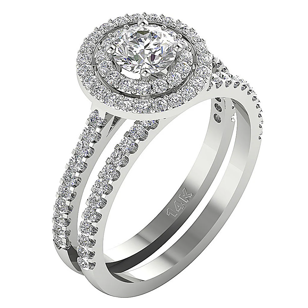 1.50Ct Double Halo Bridal Engagement Solitaire Round Cut Diamond Ring Set 14K Solid Gold - Image 2