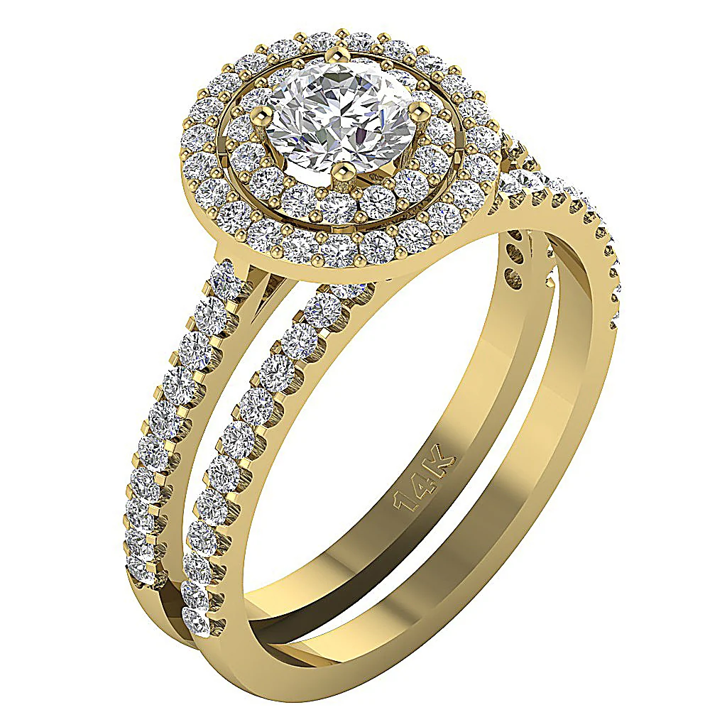 1.50Ct Double Halo Bridal Engagement Solitaire Round Cut Diamond Ring Set 14K Solid Gold - Image 3