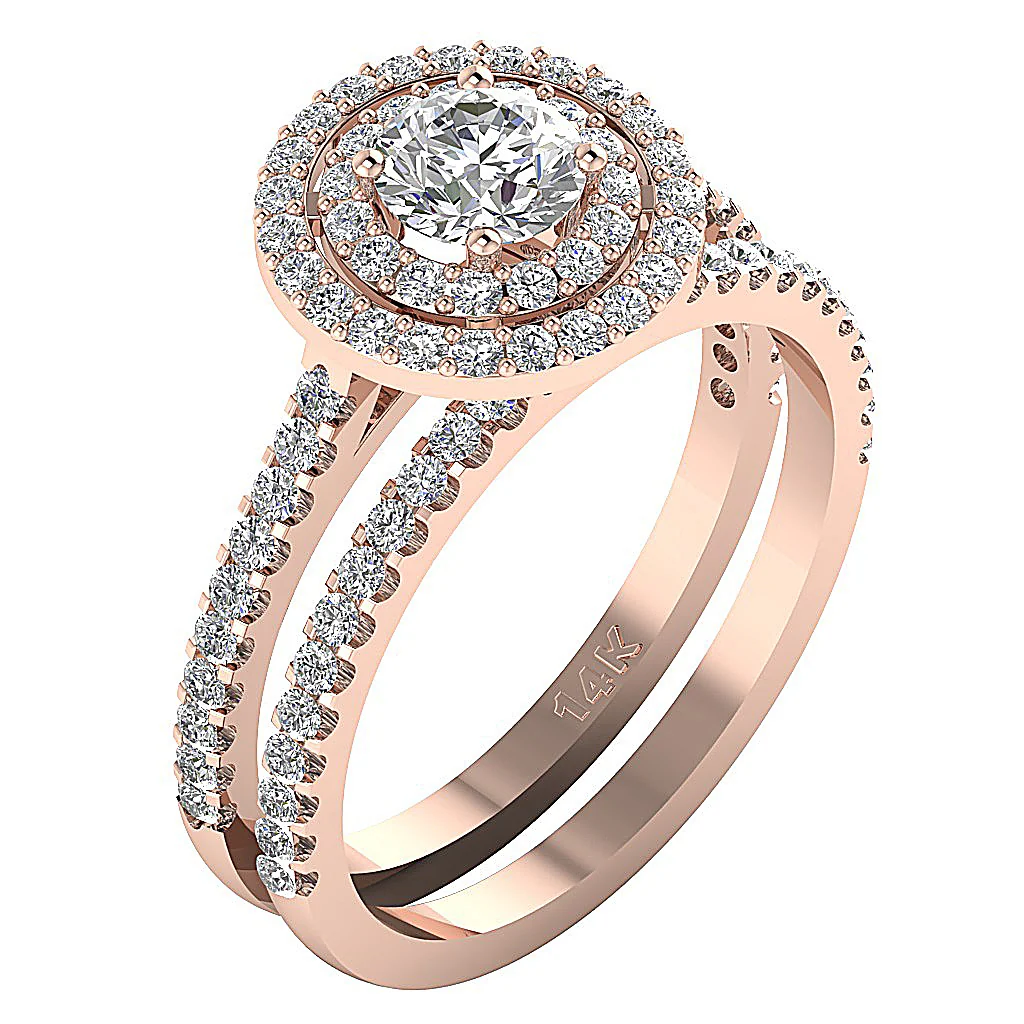 1.50Ct Double Halo Bridal Engagement Solitaire Round Cut Diamond Ring Set 14K Solid Gold - Image 4