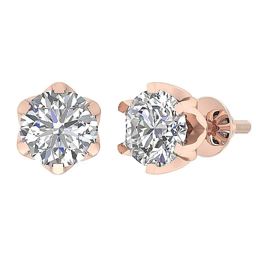 Designer Solitaire Stud Earring VS F 1.50-2.50 Carat Lab Grown Diamond 14K Rose Gold Six Prong Set