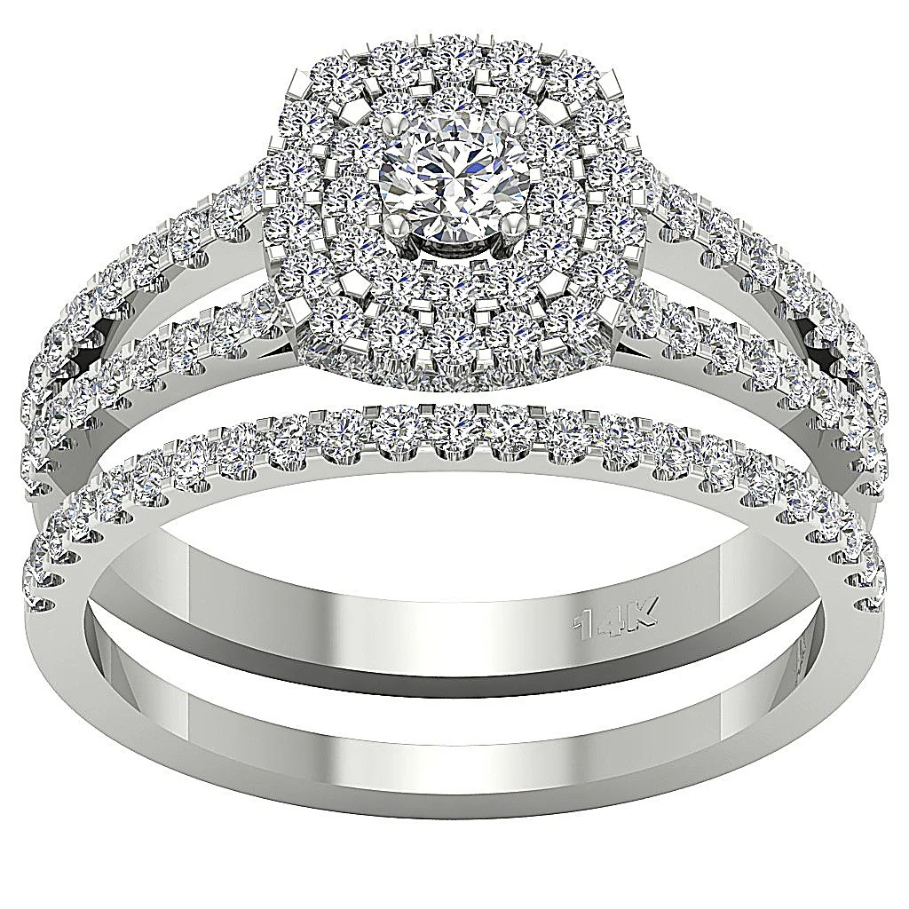 The Aaron Handmade Double Halo Bridal Anniversary Ring Round Diamond 14k Solid Gold - Image 2