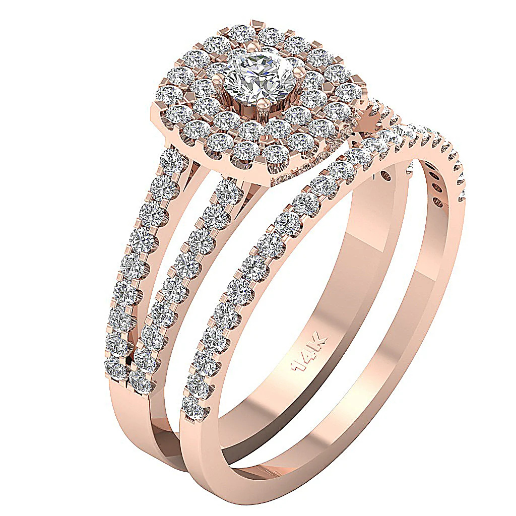 The Aaron Handmade Double Halo Bridal Anniversary Ring Round Diamond 14k Solid Gold - Image 4