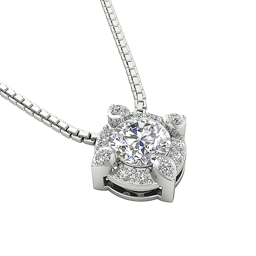 The Ali Elegant Solitaire Round Brilliant Cut Diamond Halo Cluster Pendant White Gold - Image 5