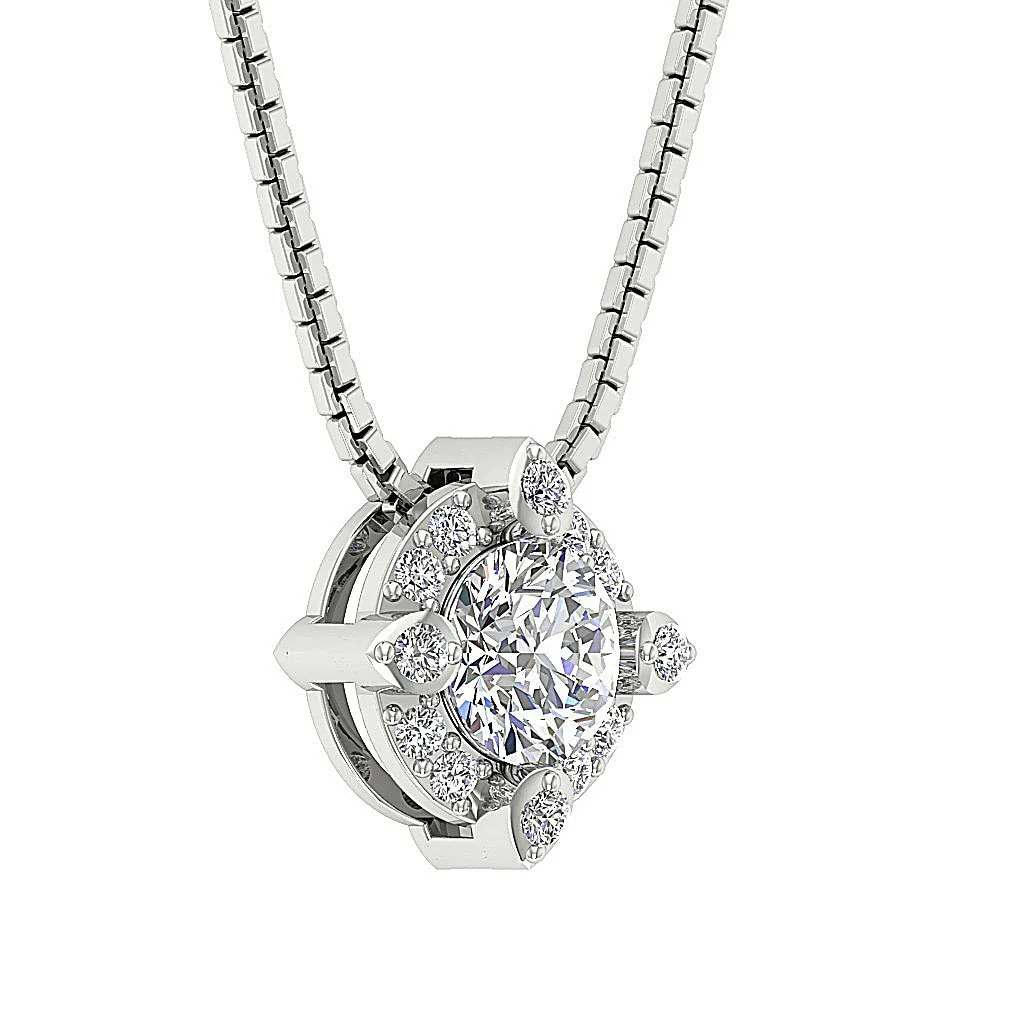The Ali Elegant Solitaire Round Brilliant Cut Diamond Halo Cluster Pendant White Gold - Image 9