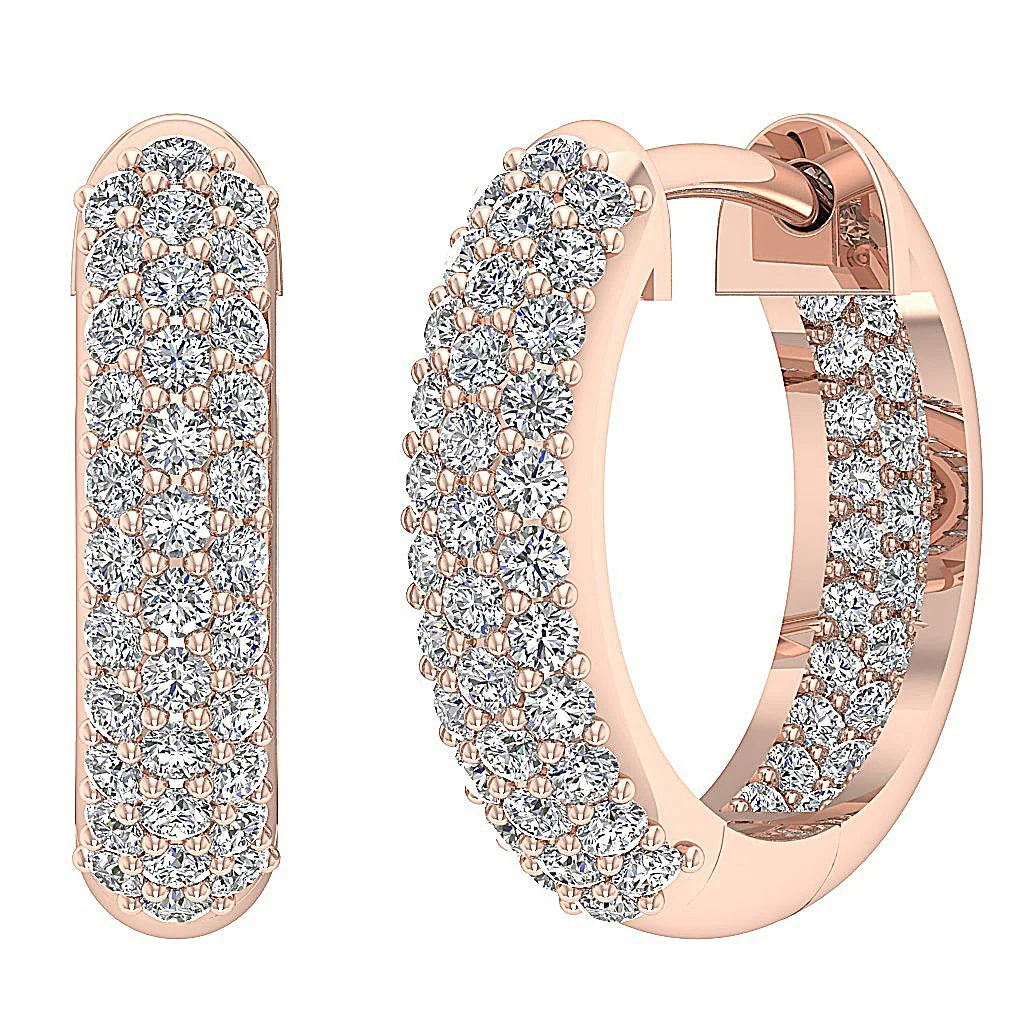 The Amelia Genuine Diamond 14K Yellow Gold 3 Row Inside Outside Hoops Earring - Image 3