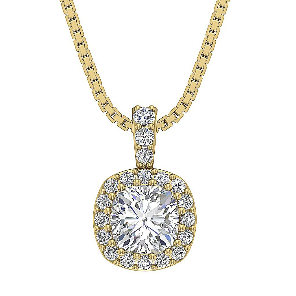 The Andre Solitaire Cushion Round Natural Diamond Halo Pendant 0.55 Inch 14K Yellow Gold