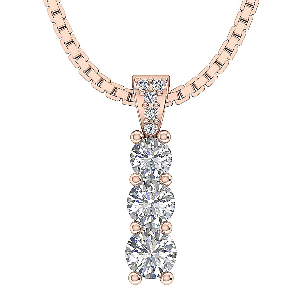 The Apollo Prong Set 3 Stone Round Cut Diamond Journey Pendant 14k Solid Yellow Gold - Image 3