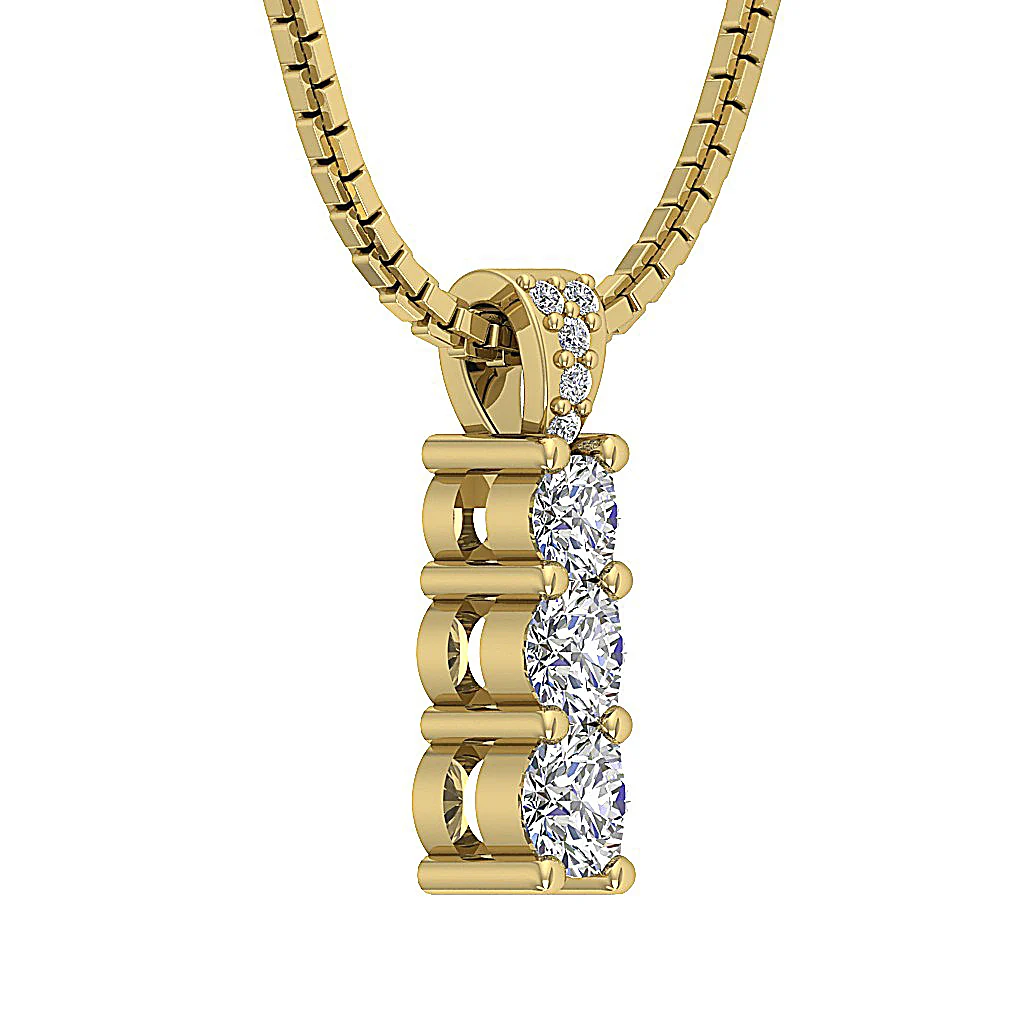 The Apollo Prong Set 3 Stone Round Cut Diamond Journey Pendant 14k Solid Yellow Gold - Image 4