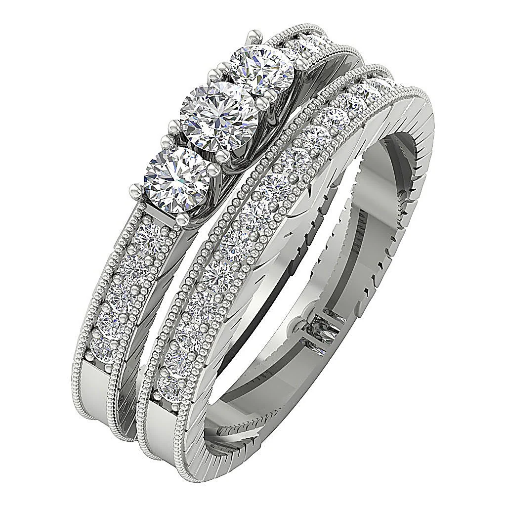 The Archer Natural Diamond 14k Gold 3 Stone Bridal Wedding Ring Sets Prong Set - Image 2