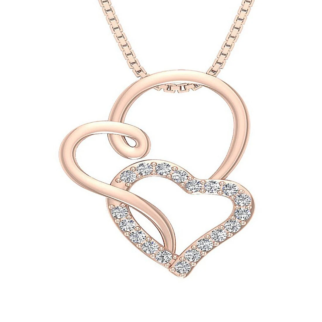 The Archie Unique Double Heart Gold Round Cut Diamond Pendant Prong Set