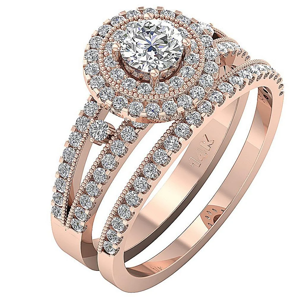 The Arthur Gorgeous Double Halo Bridal Ring Sets Wedding Band Round Cut Diamond Gold - Image 3