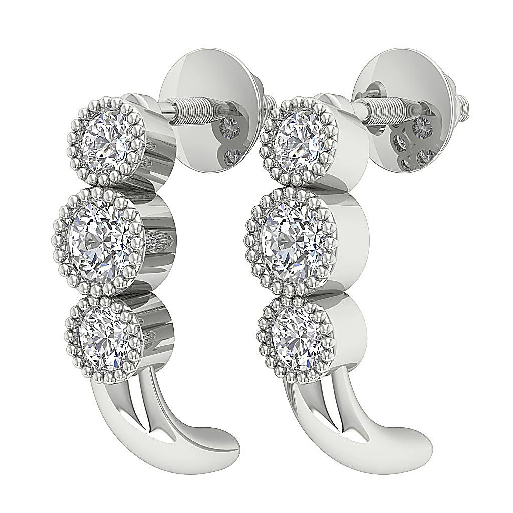 The Axel Milgrain Genuine Diamond 3 Stone Fashion Earrings Screw Back 14K White Gold - Image 10