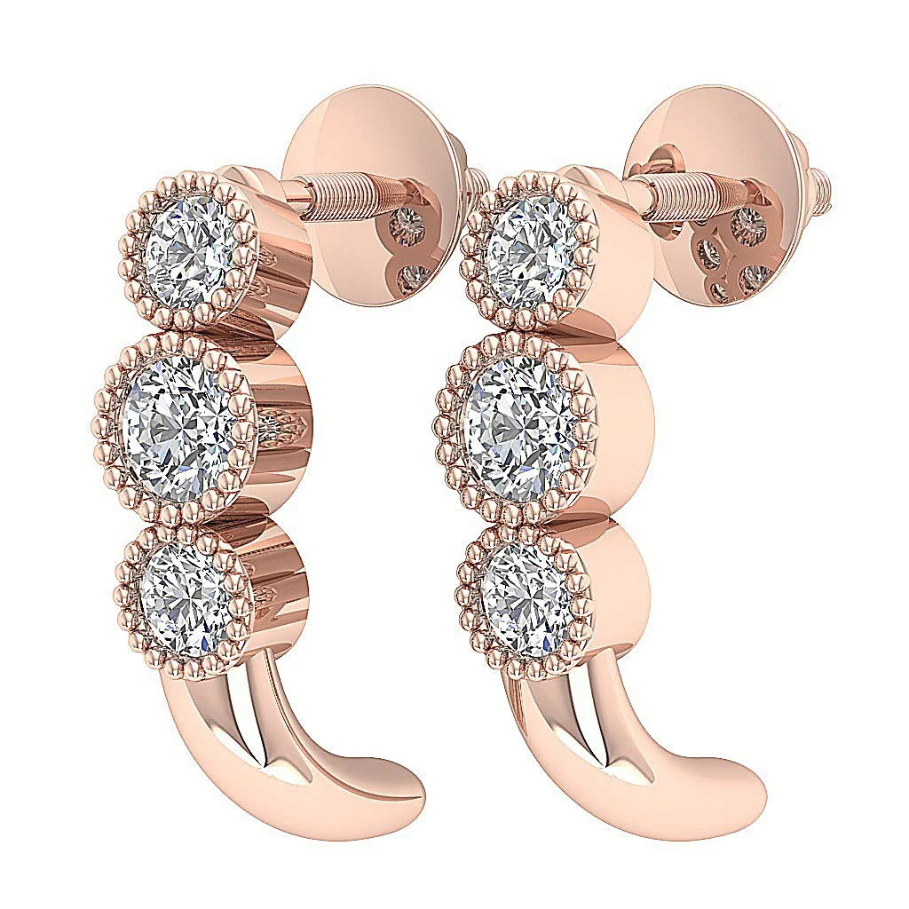 The Axel Milgrain Genuine Diamond 3 Stone Fashion Earrings Screw Back 14K White Gold - Image 12