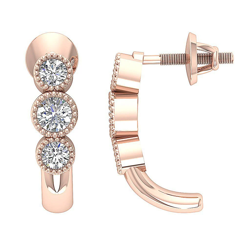 The Axel Milgrain Genuine Diamond 3 Stone Fashion Earrings Screw Back 14K White Gold - Image 6