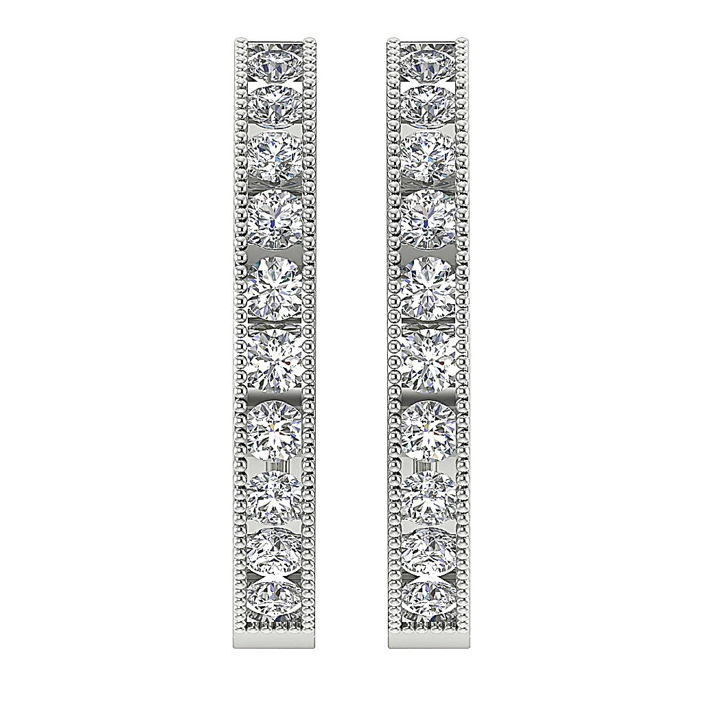 The Braxton Milgrain Channel Set Round Cut Diamond Hoops Earring 14K White Gold - Image 4
