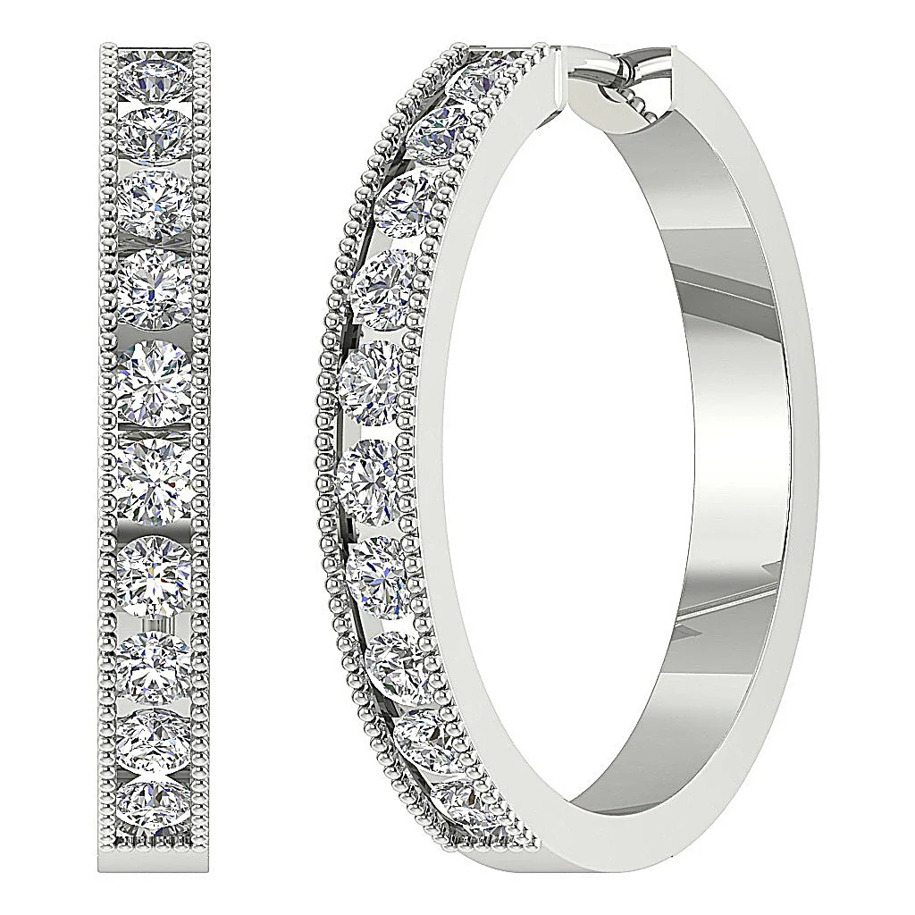 The Braxton Milgrain Channel Set Round Cut Diamond Hoops Earring 14K White Gold - Image 7