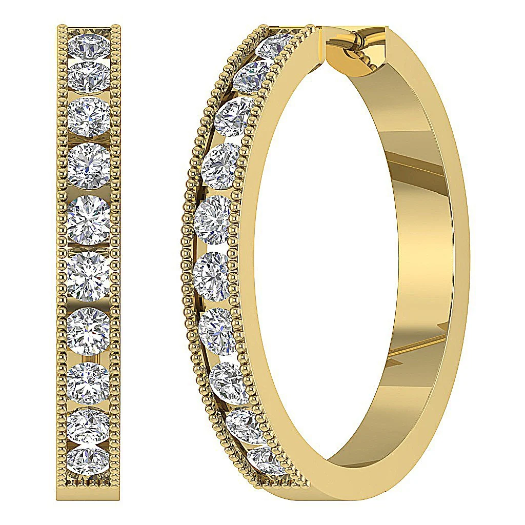 The Braxton Milgrain Channel Set Round Cut Diamond Hoops Earring 14K White Gold - Image 8