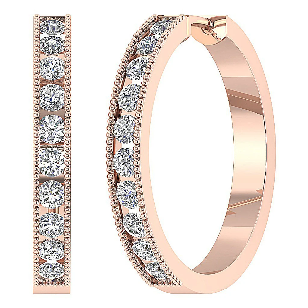 The Braxton Milgrain Channel Set Round Cut Diamond Hoops Earring 14K White Gold - Image 9