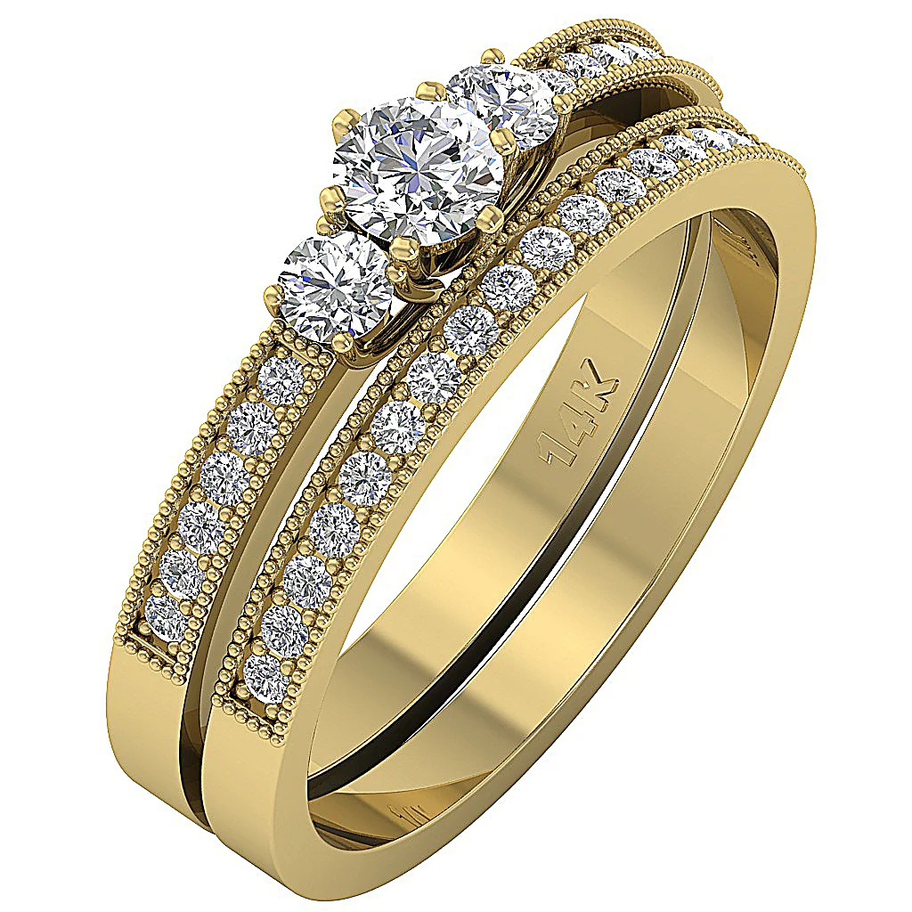 The Brayden 14k Gold 3 Stone Round Diamond Bridal Anniversary Ring Set For Her - Image 3