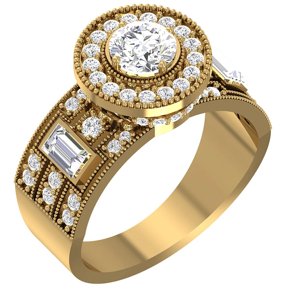 The Callen Round & Baguette Diamond 14k Yellow Gold Milgrain Halo Solitaire Engagement Ring