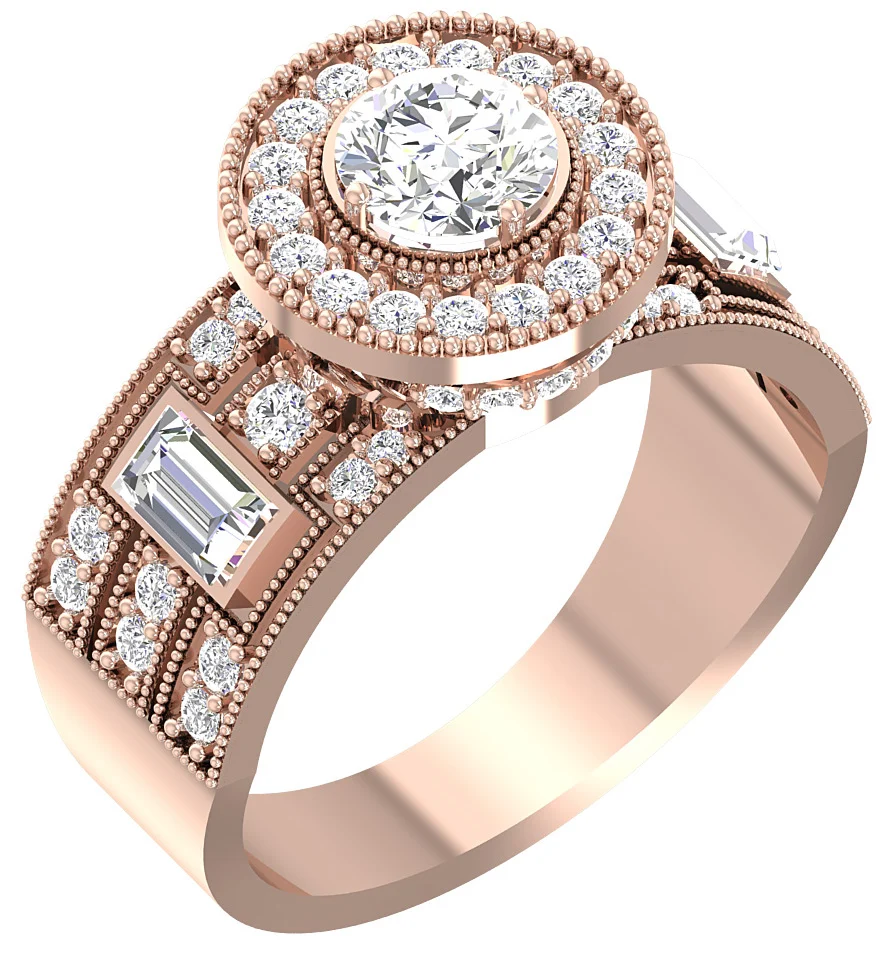 The Callen Round & Baguette Diamond 14k Yellow Gold Milgrain Halo Solitaire Engagement Ring - Image 3