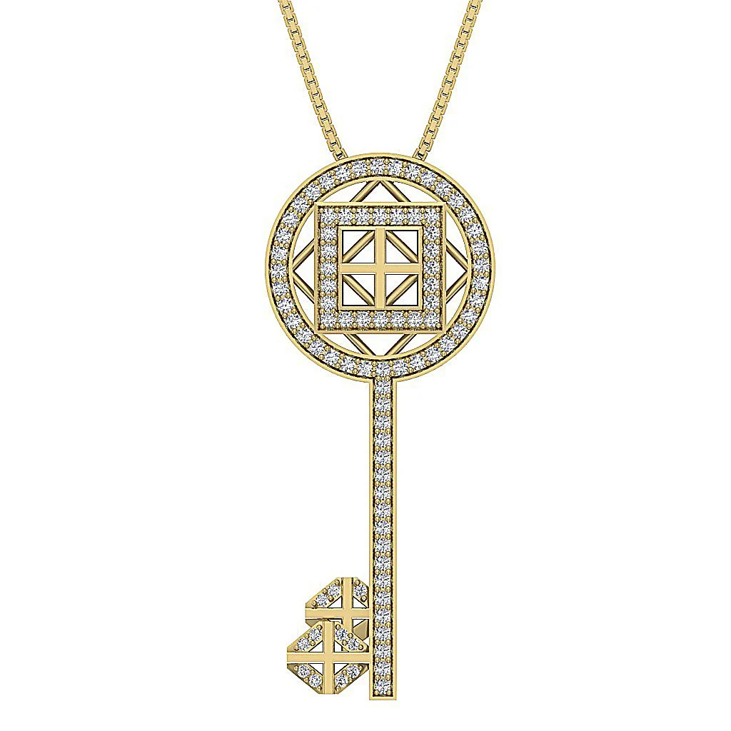 The Callum 14k Solid Gold Round Diamond Key Fashion Pendant 1.80 Inch Prong Set