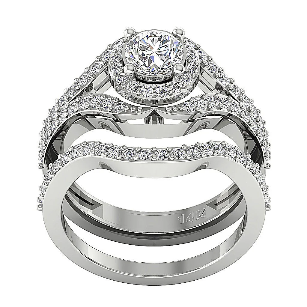 The Calvin Bridal Halo Engagement Ring Set Genuine Diamond White Yellow Rose Gold - Image 4