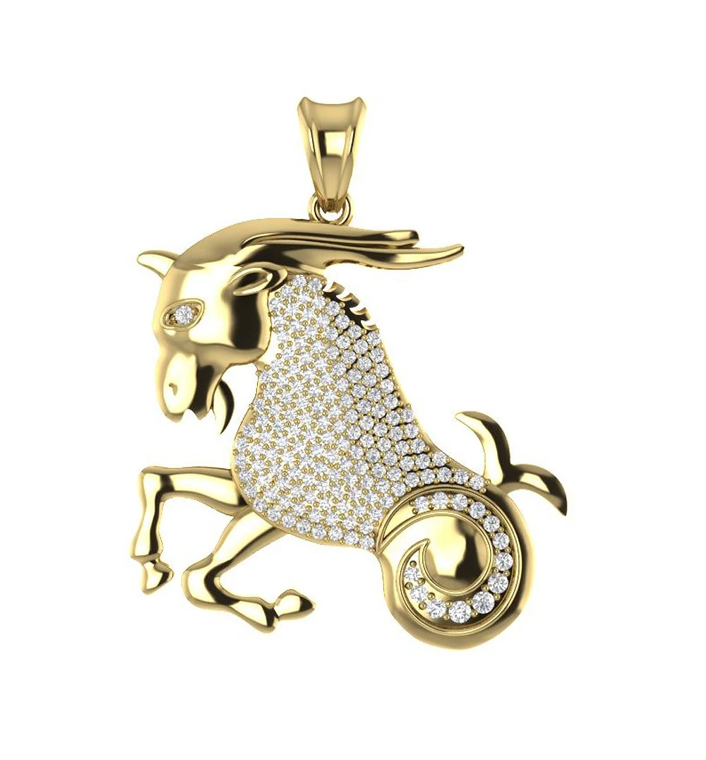 The Carson Round Brilliant Cut Diamond Yellow Gold Capricorn Zodiac Sign Fashion Pendant