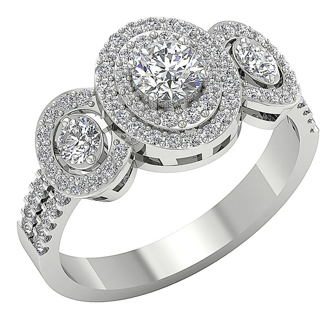 The Cartier 3 Stone Solitaire Halo Engagement Ring Round Brilliant Cut Diamond 14K Gold - Image 4