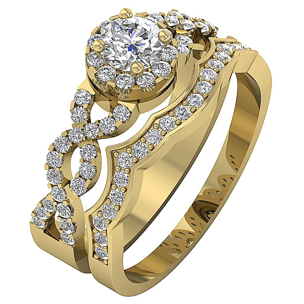 1.00Carat Round Diamond Halo Designer Bridal Wedding Ring Set 14k Yellow Gold 9.50 mm