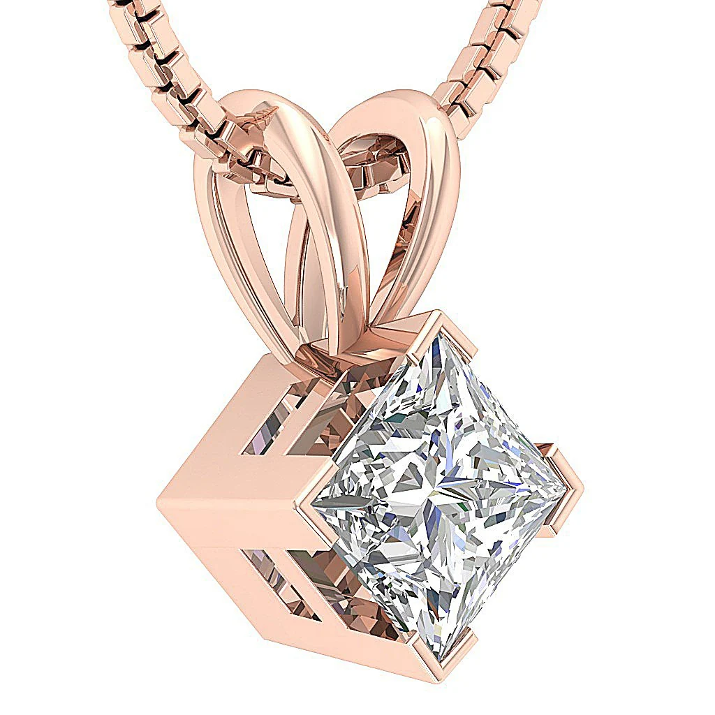 SI1 G 0.65Ct Square Princess Cut Solitaire Diamond 14k Solid Gold Pendant Necklace Prong Set