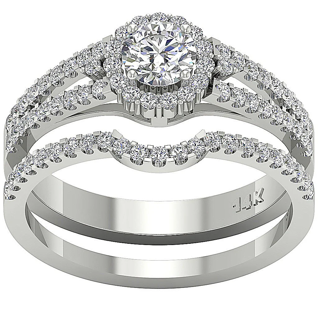 The Dominic Round Diamond White Gold Halo Split Shank Bridal Ring Set For Women - Image 4