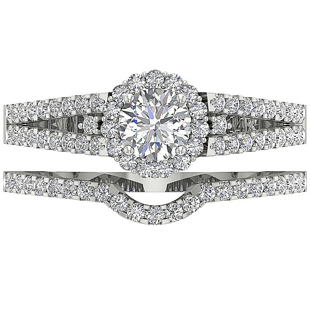 The Dominic Round Diamond White Gold Halo Split Shank Bridal Ring Set For Women - Image 6