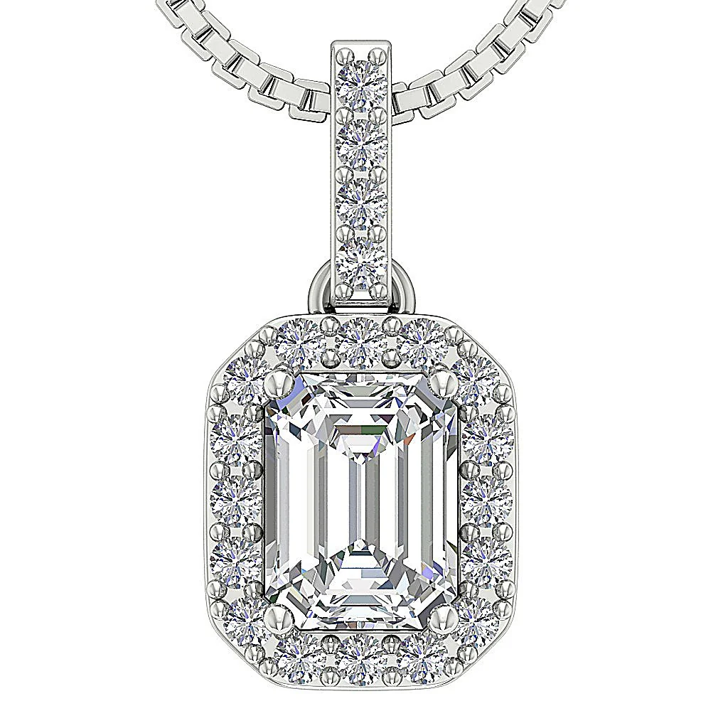 The Elian 0.80 Carat Solitaire Emerald & Round Diamond 1 Carat Halo Pendant 14K Solid Gold
