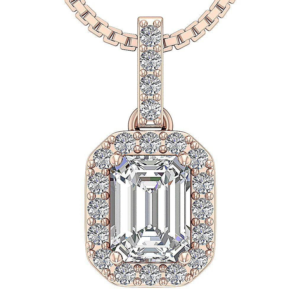The Elian 0.80 Carat Solitaire Emerald & Round Diamond 1 Carat Halo Pendant 14K Solid Gold - Image 3