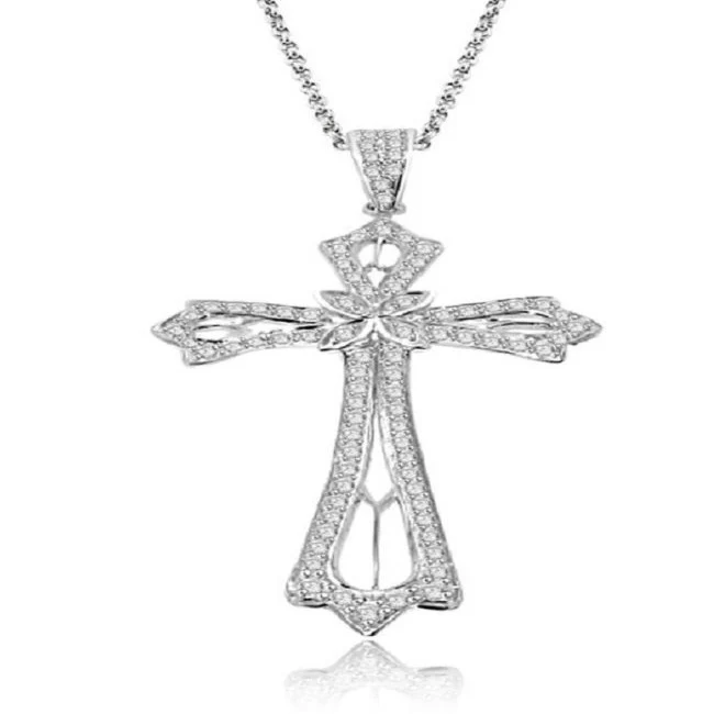 The Elias Round Cut Diamond Vintage Cross Pendant Pave Set 14K Solid White Gold