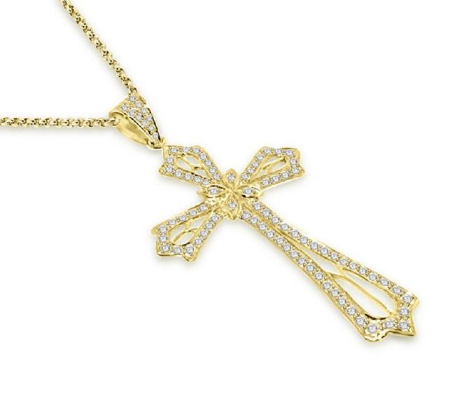 The Elias Round Cut Diamond Vintage Cross Pendant Pave Set 14K Solid White Gold - Image 3
