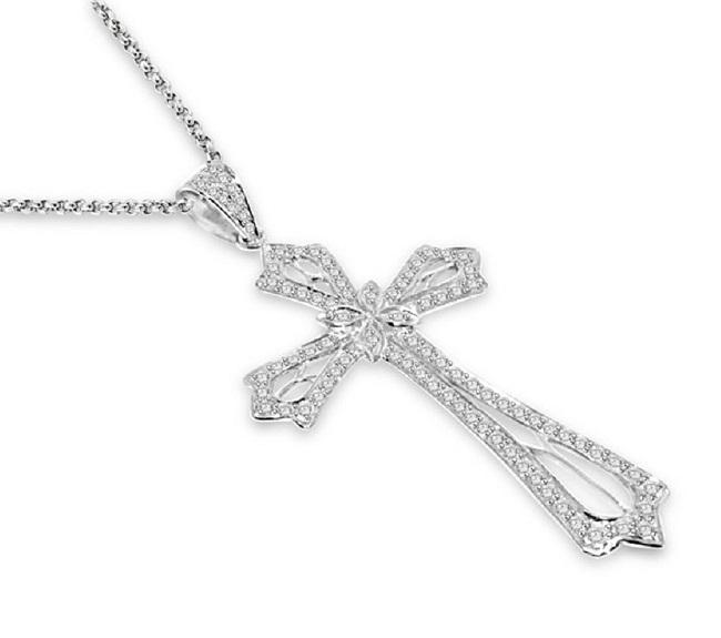 The Elias Round Cut Diamond Vintage Cross Pendant Pave Set 14K Solid White Gold - Image 4