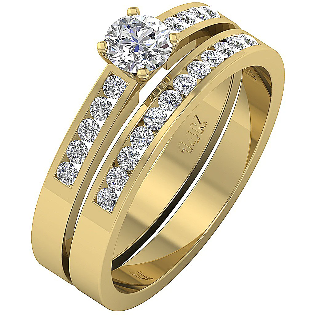 The Elliot Round Diamond Prong Channel Set Bridal Anniversary Ring Set 14K White Gold - Image 2