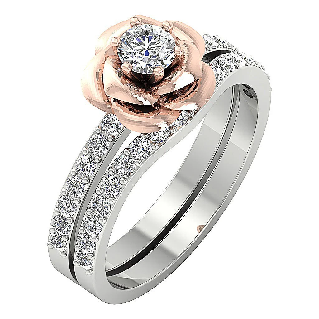 The Elliott Rose Flower Bridal Ring Wedding Band Set Natural Diamond 14K Solid Gold Pong Set