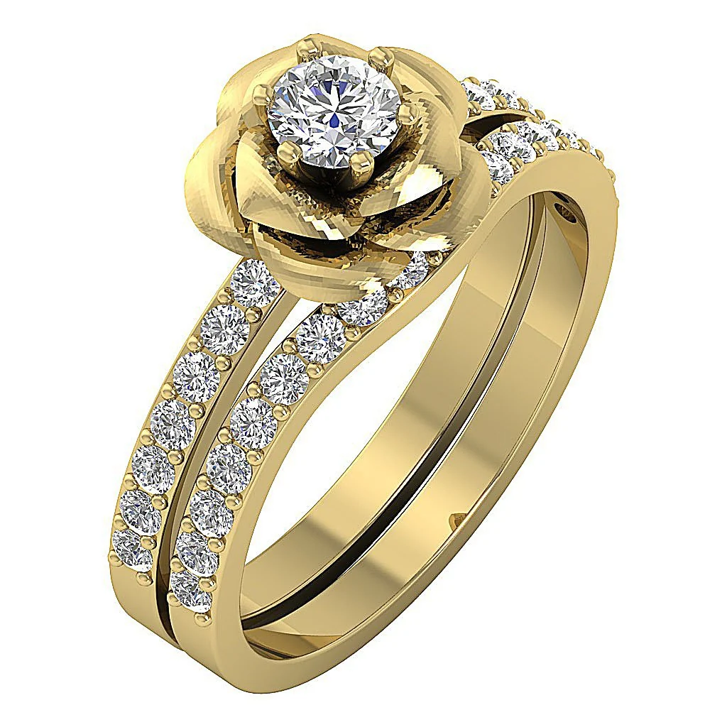 The Elliott Rose Flower Bridal Ring Wedding Band Set Natural Diamond 14K Solid Gold Pong Set - Image 3