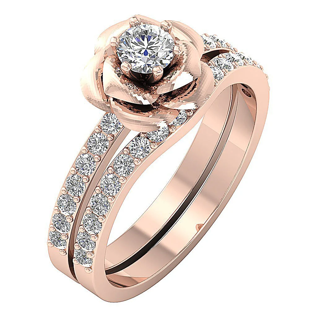 The Elliott Rose Flower Bridal Ring Wedding Band Set Natural Diamond 14K Solid Gold Pong Set - Image 4