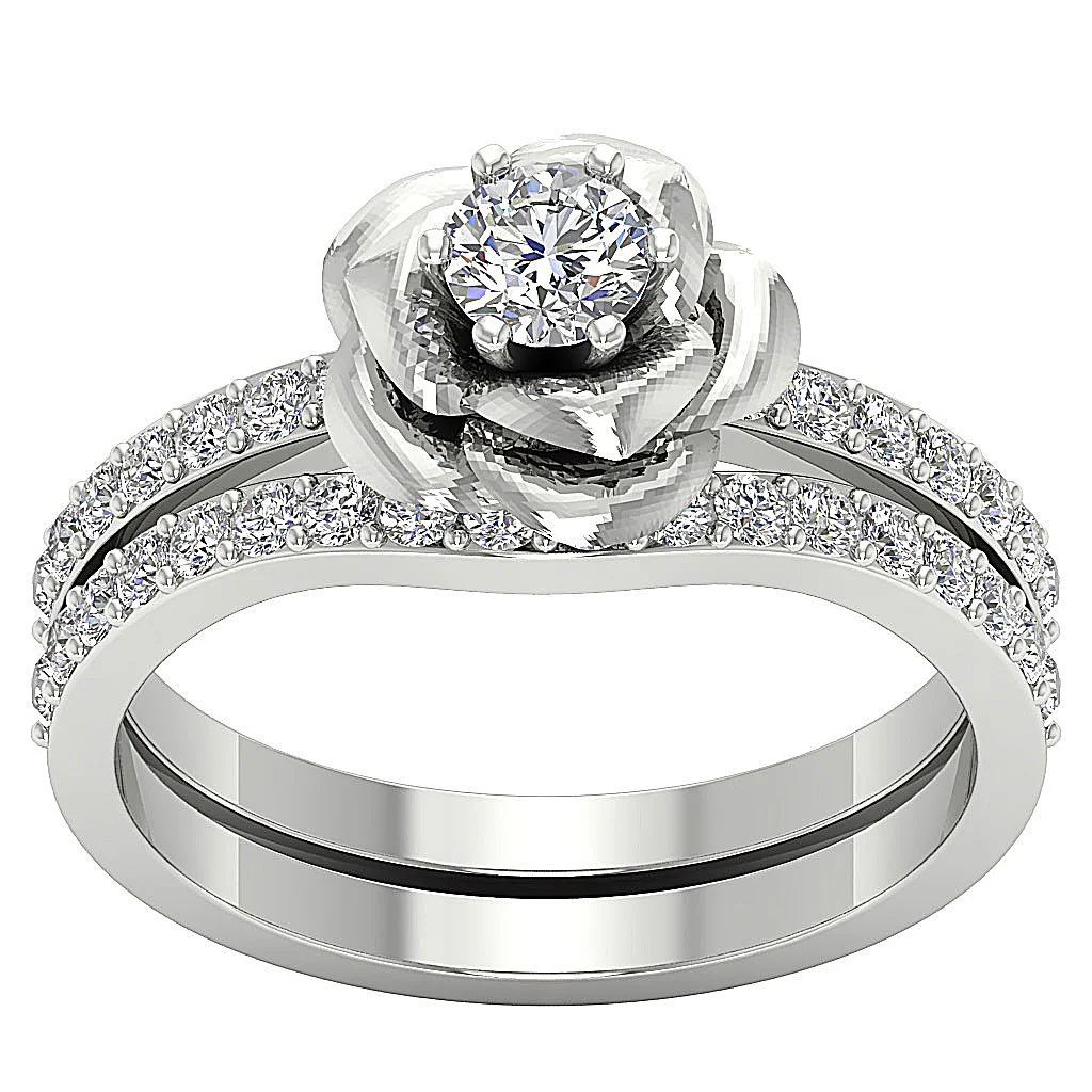The Elliott Rose Flower Bridal Ring Wedding Band Set Natural Diamond 14K Solid Gold Pong Set - Image 5