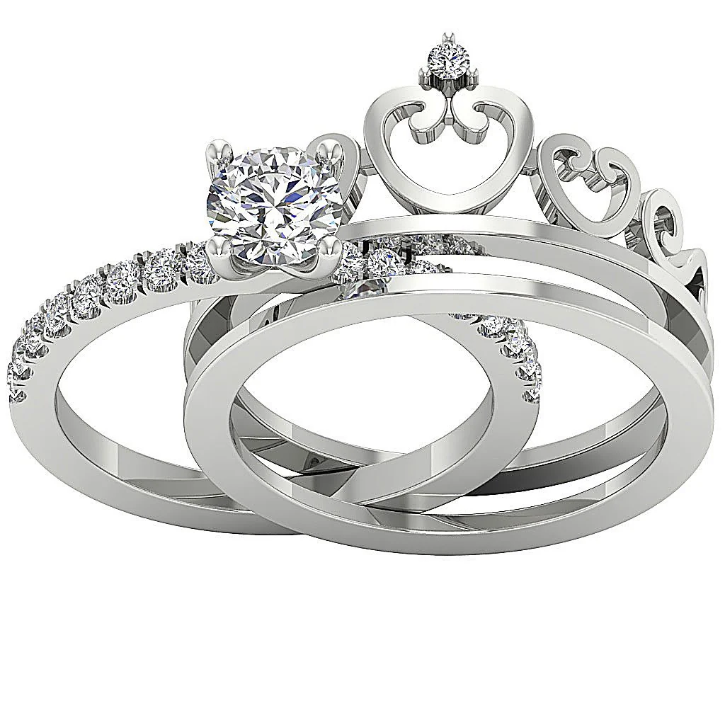 The Everett Beautiful Crown Bridal Wedding Ring Set 14k Solid Gold Round Cut Diamond For Her - Image 12