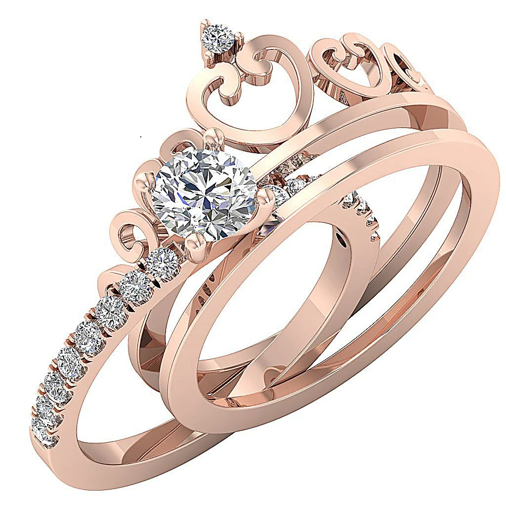 The Everett Beautiful Crown Bridal Wedding Ring Set 14k Solid Gold Round Cut Diamond For Her - Image 3