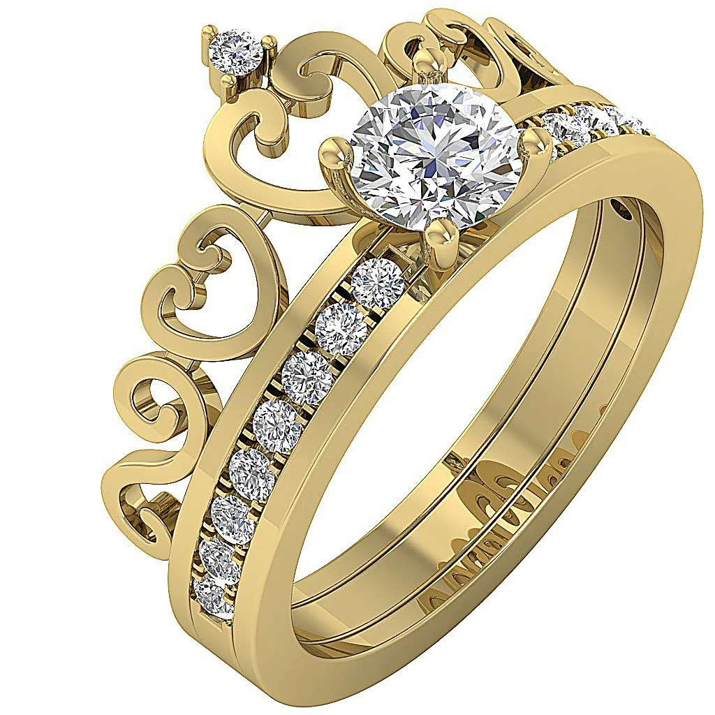 The Everett Beautiful Crown Bridal Wedding Ring Set 14k Solid Gold Round Cut Diamond For Her - Image 7